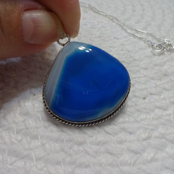 Gorgeous BLUE BOTSWANA AGATE Handmade Sterling 925 Pendant/Chain #935C - Picture 1 of 3